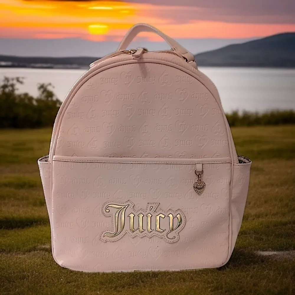 Juicy Couture Pink Faux Leather‎ Backpack Monogram Gold Logo School Travel Bag
